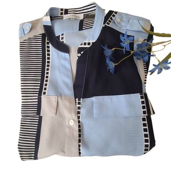Calvin Klein Womens Button Front Blue Print Blouse Size Small - Picture 7 of 12